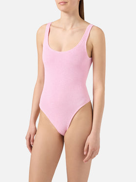 Lora one-piece swimsuit in pink solid color crinkle fabric