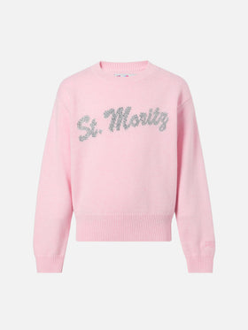 Sweater Louise Jr aus Kaschmirmischung mit St. Moritz-Grafik aus Strasssteinen | ST. MORITZ TOP OF THE WORLD