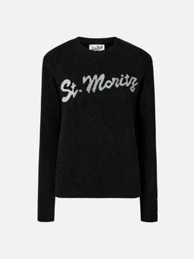 Louise cashmere sweater in black with St. Moritz rhinestone appliqué