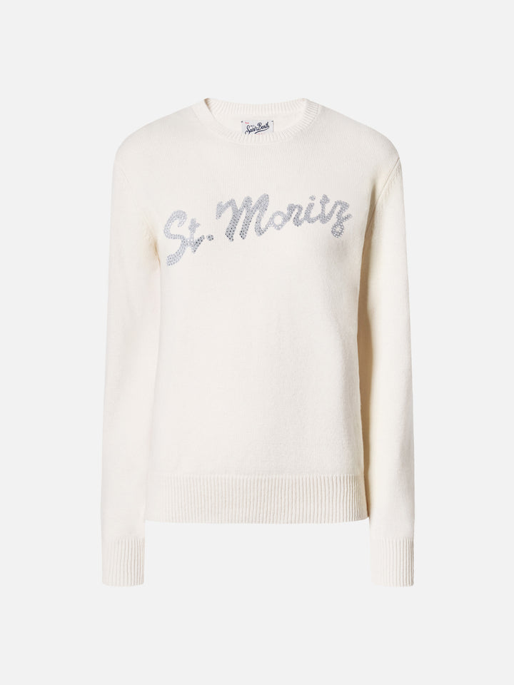 Maglione Louise in cashmere bianco con applicazione St. Moritz in strass