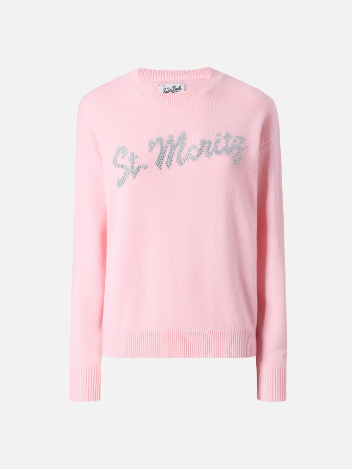 Maglione Louise in cashmere rosa con applicazione St. Moritz in strass
