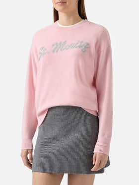 Maglione Louise in cashmere rosa con applicazione St. Moritz in strass