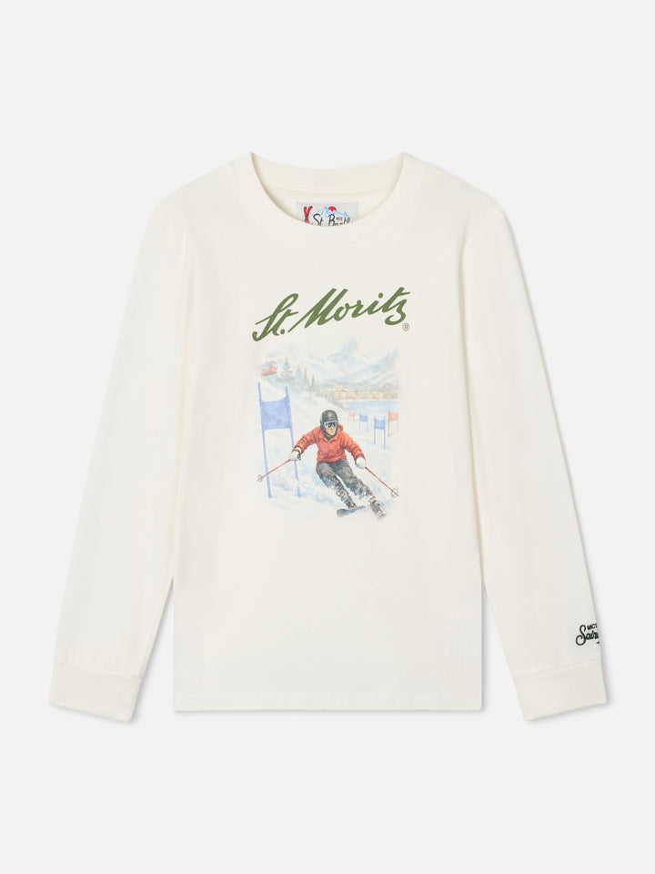 T-shirt à manches longues Luton blanc en coton biologique avec imprimé St. Moritz | Special edition 