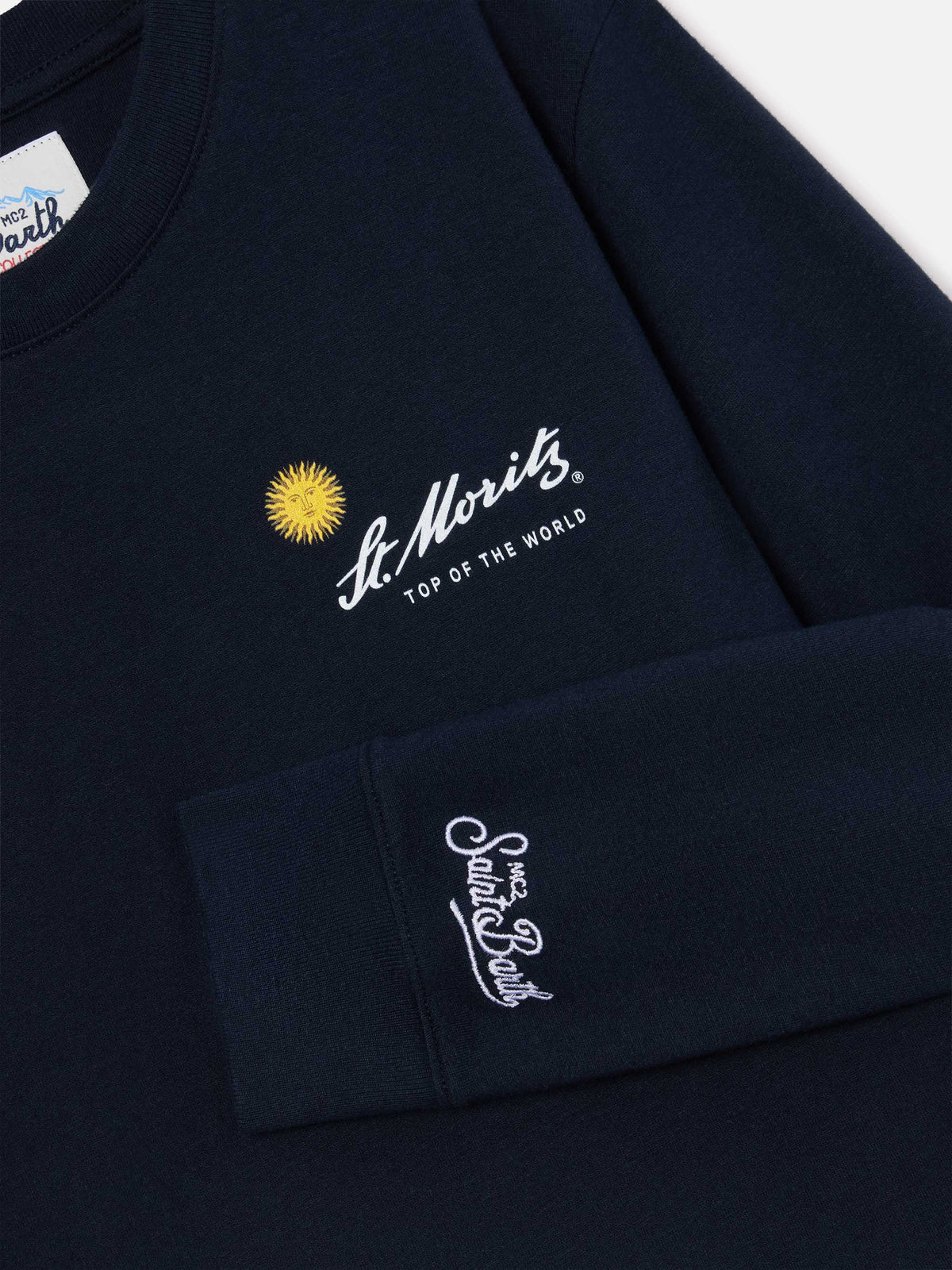 T-shirt à manches longues en coton Luton Navy blue avec imprimé St. Moritz au dos | Special edition 
