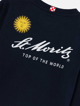 T-shirt à manches longues en coton Luton Navy blue avec imprimé St. Moritz au dos | Special edition 