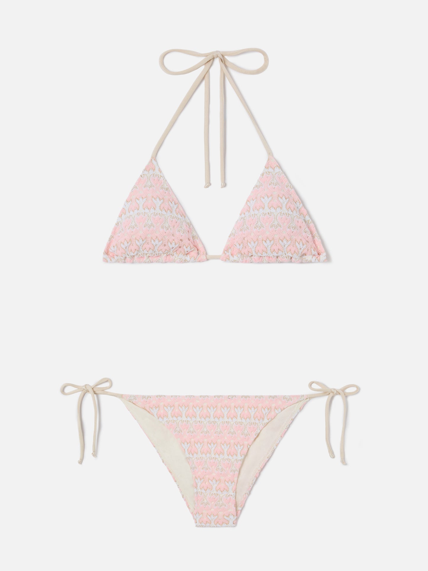 Bikini triangle Levyne en tissu raschel à imprimé floral rose et crème 