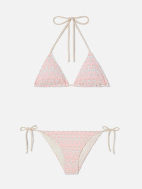Bikini triangle Levyne en tissu raschel à imprimé floral rose et crème 