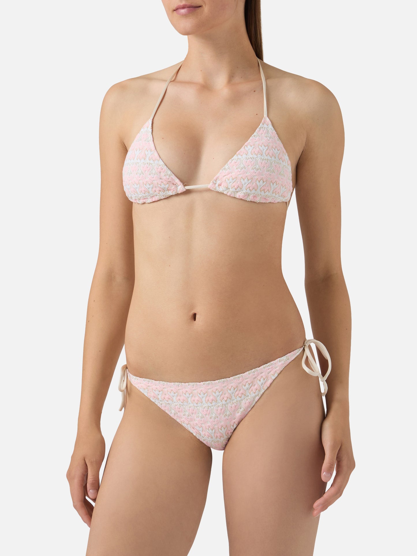 Bikini triangle Levyne en tissu raschel à imprimé floral rose et crème 