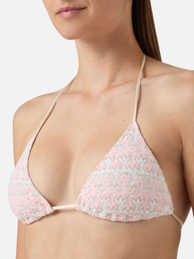 Bikini triangle Levyne en tissu raschel à imprimé floral rose et crème 
