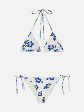 Bikini triangle Levyne en tissu stretch avec imprimé hibiscus bleu 
