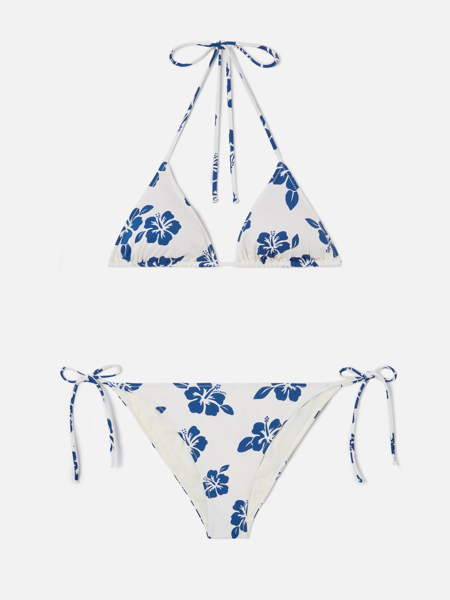 Bikini Levyne de triángulo en tejido elástico con estampado de hibiscos azules 