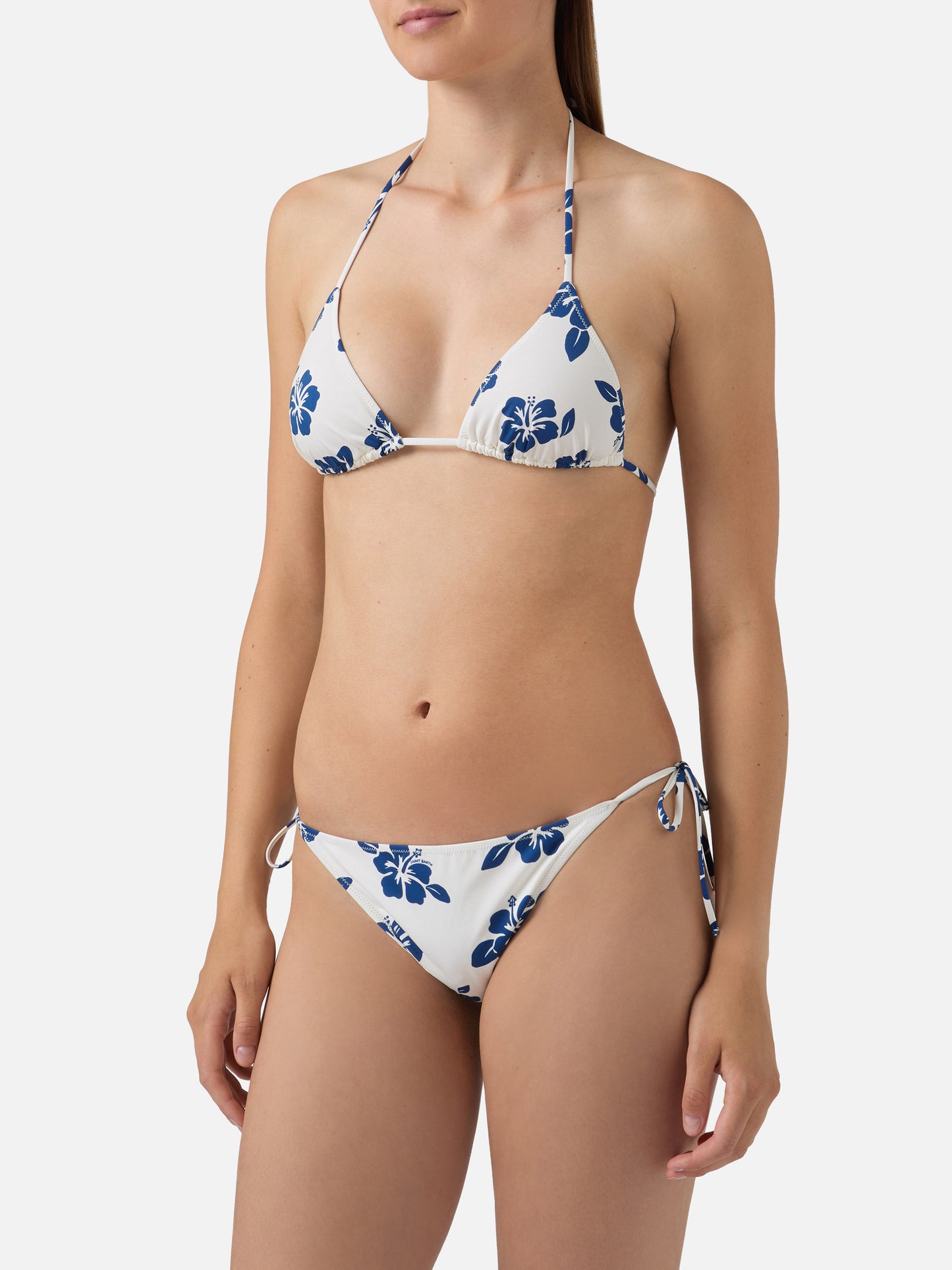 Bikini triangle Levyne en tissu stretch avec imprimé hibiscus bleu 