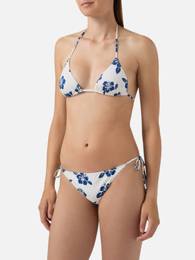 Bikini triangle Levyne en tissu stretch avec imprimé hibiscus bleu 