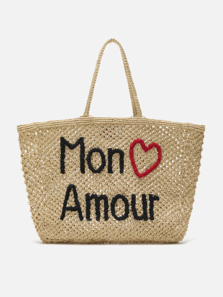 Borsa Mon Amour in juta con ricamo artigianale