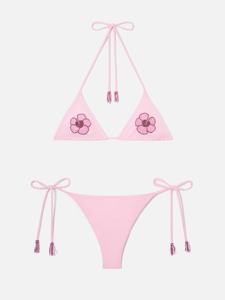 Bikini triangle Maleah rose avec ornements floraux en perles 