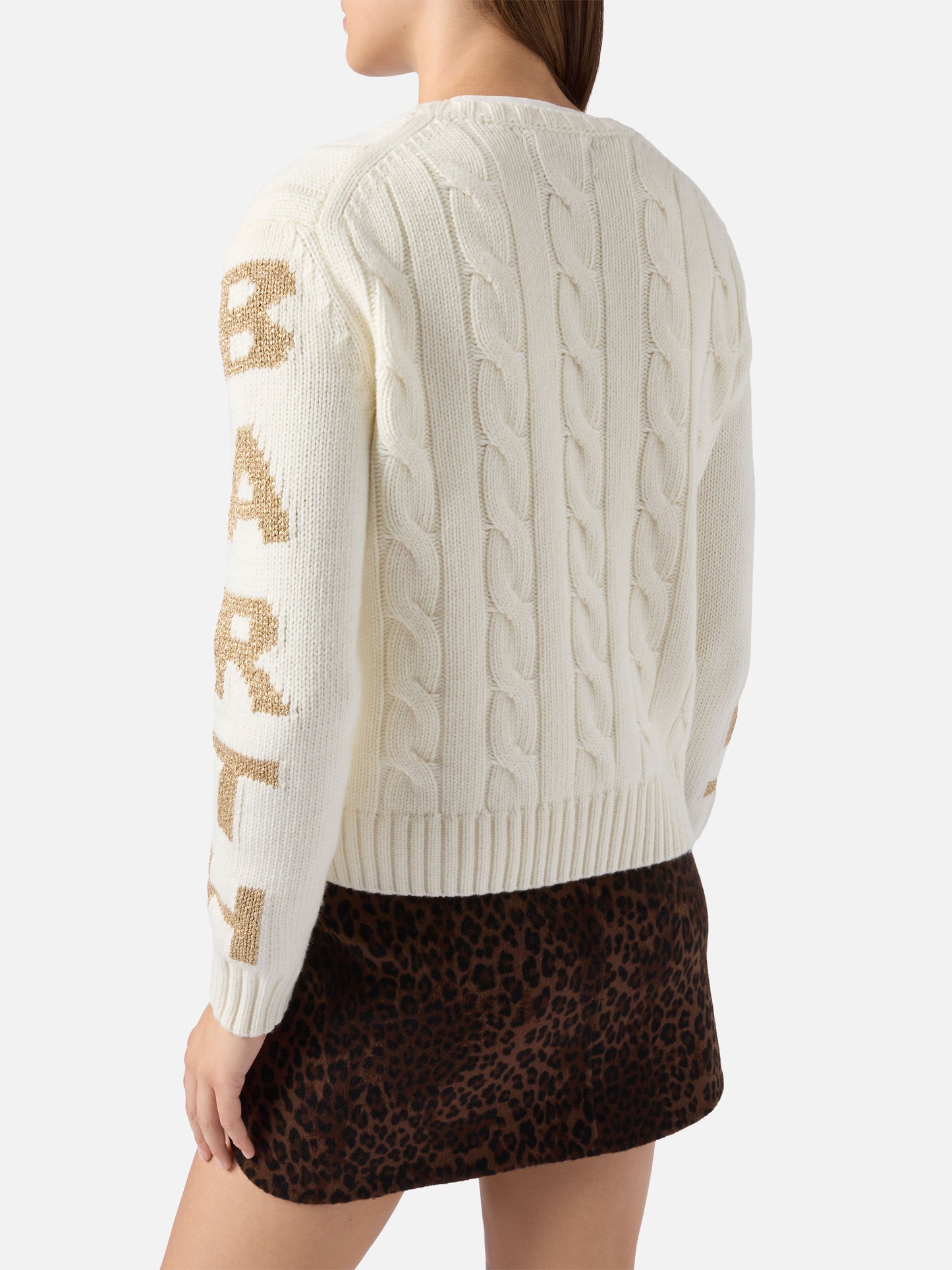 Malmo cable-knit cashmere-blend sweater in white with St. Barth jacquard on the sleeves