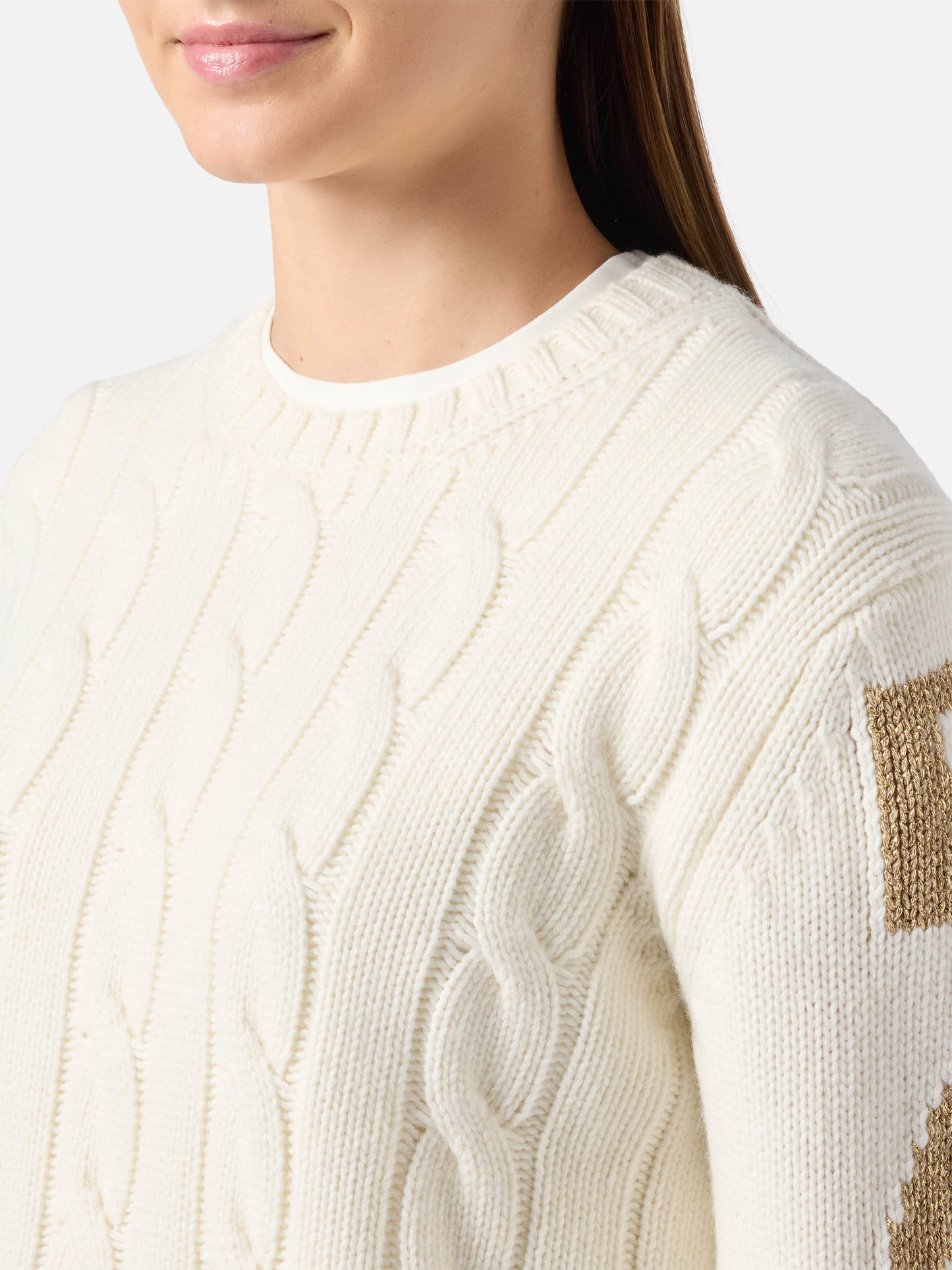 Malmo cable-knit cashmere-blend sweater in white with St. Barth jacquard on the sleeves