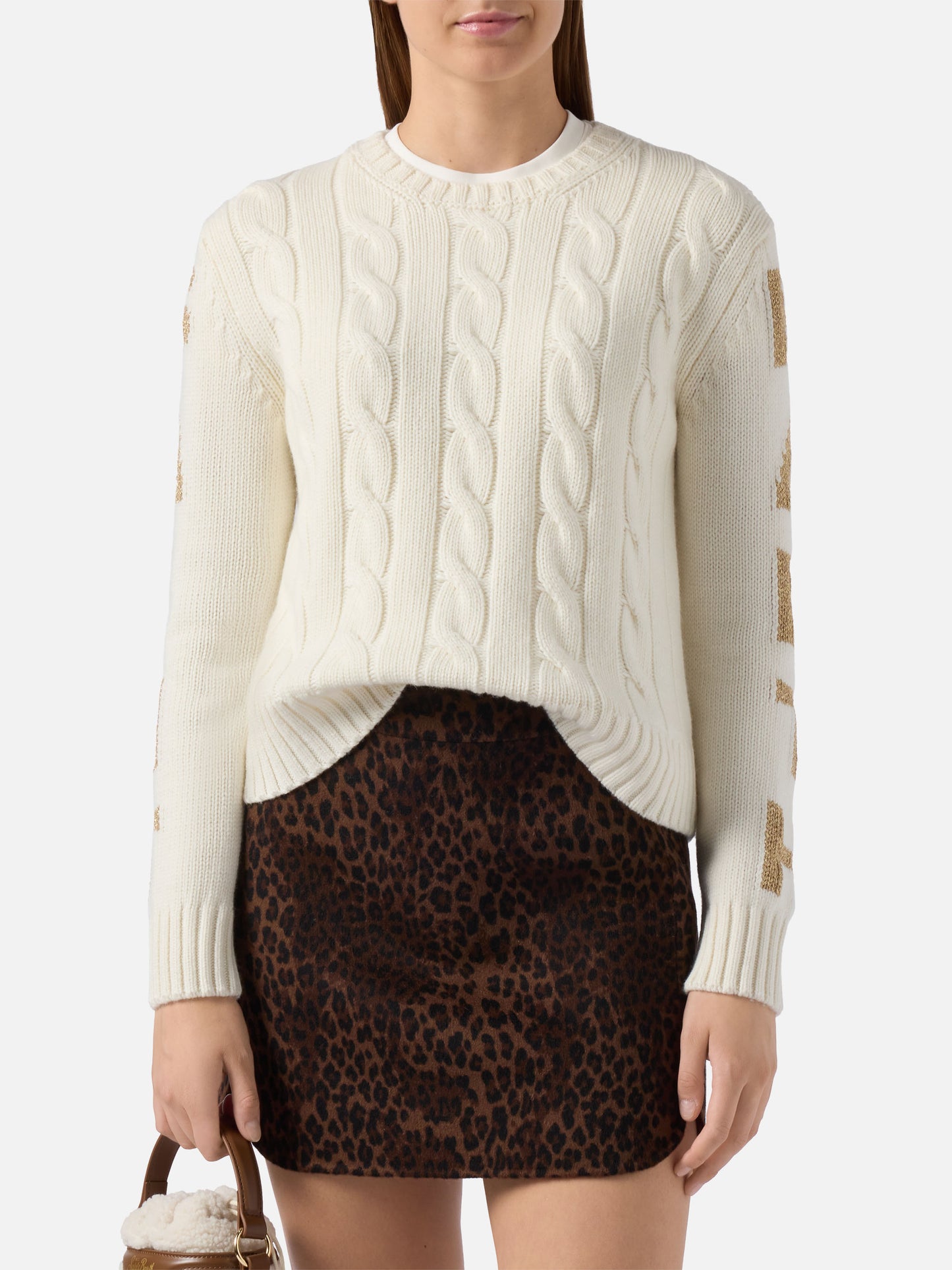 Malmo cable-knit cashmere-blend sweater in white with St. Barth jacquard on the sleeves