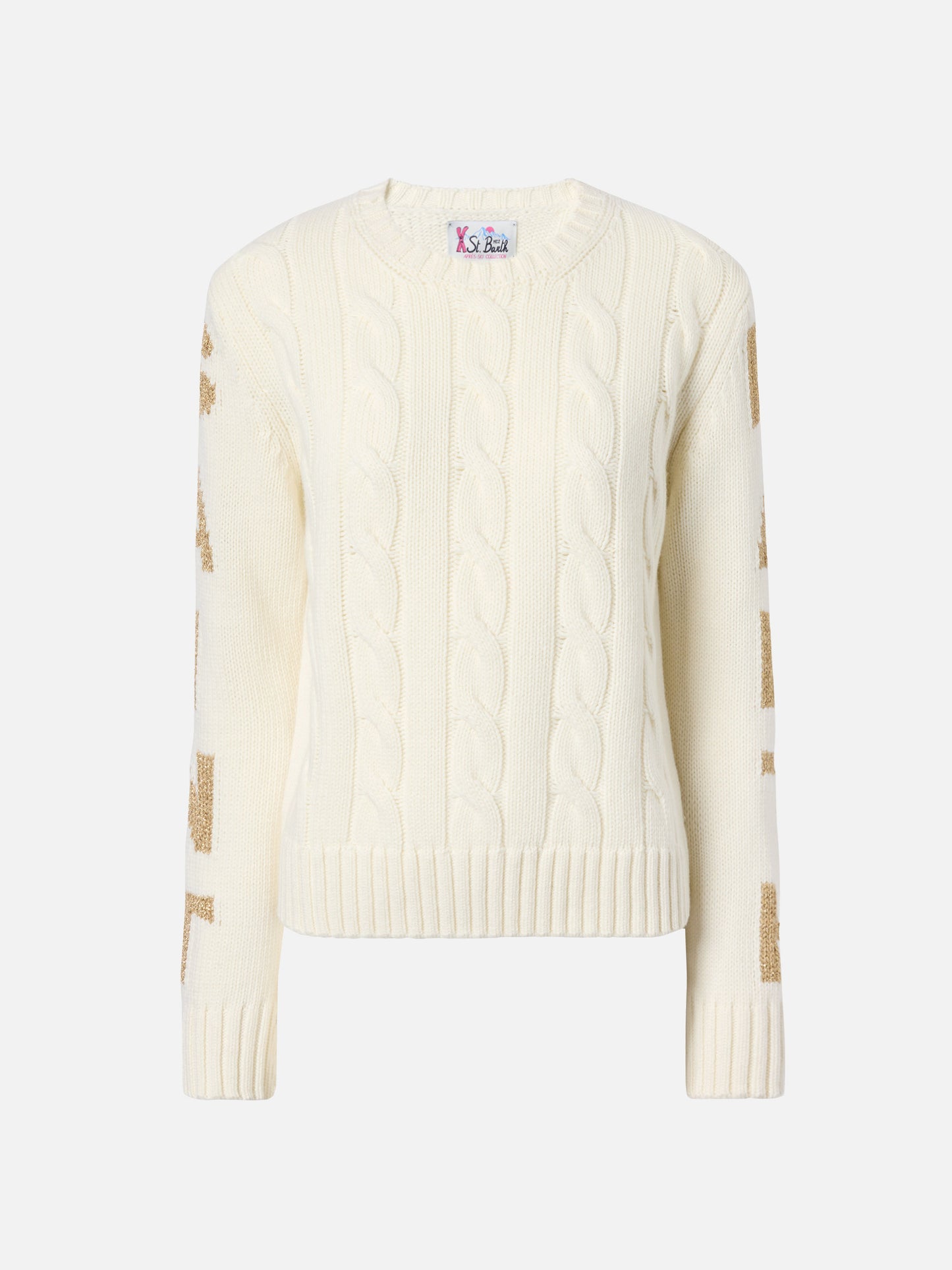 Malmo cable-knit cashmere-blend sweater in white with St. Barth jacquard on the sleeves