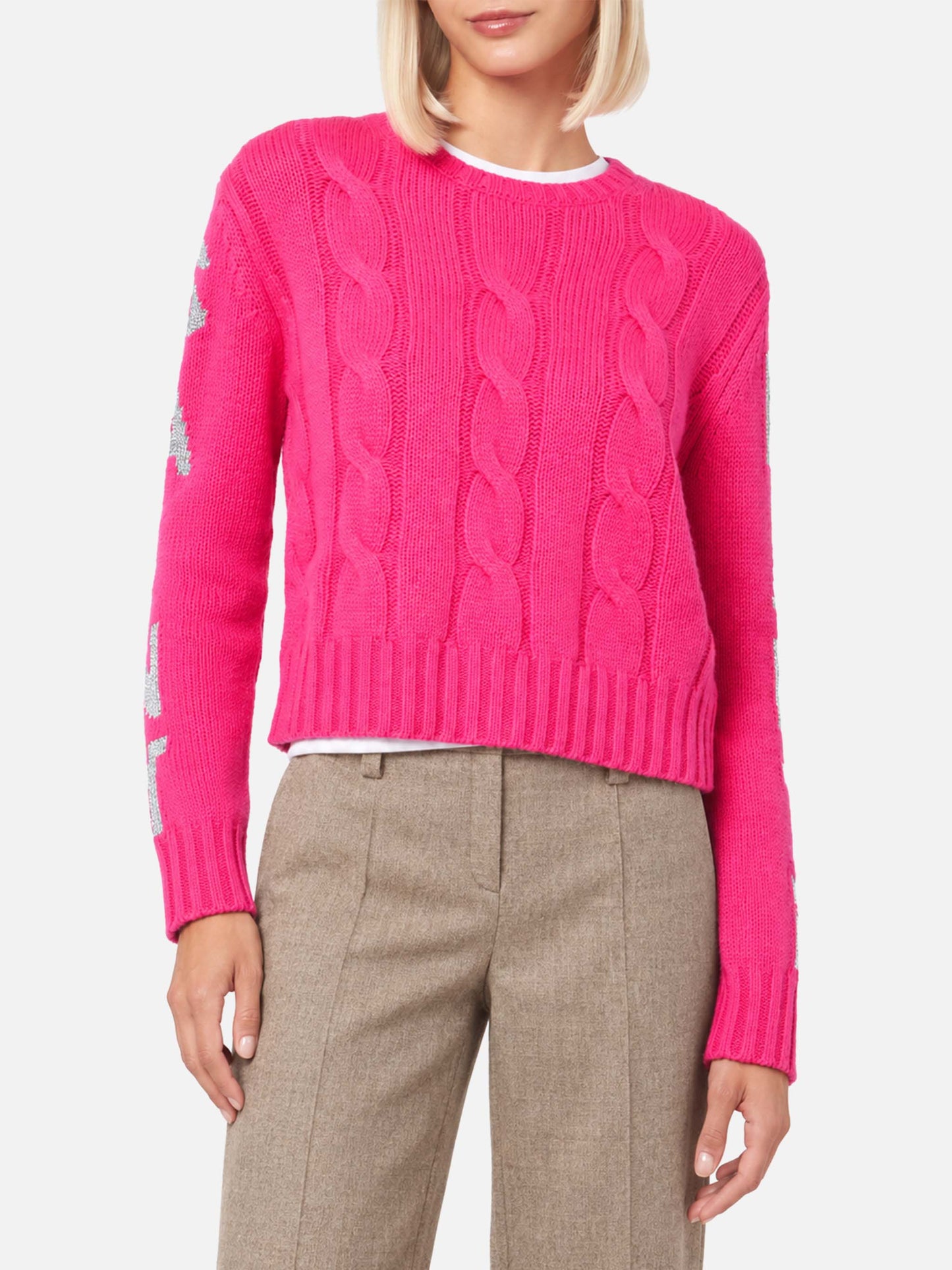 Pull tressé Malmo rose fluo avec jacquard en lurex 