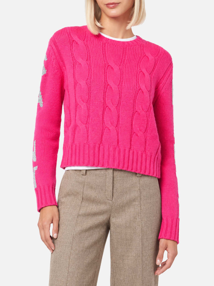 Pull tressé Malmo rose fluo avec jacquard en lurex 