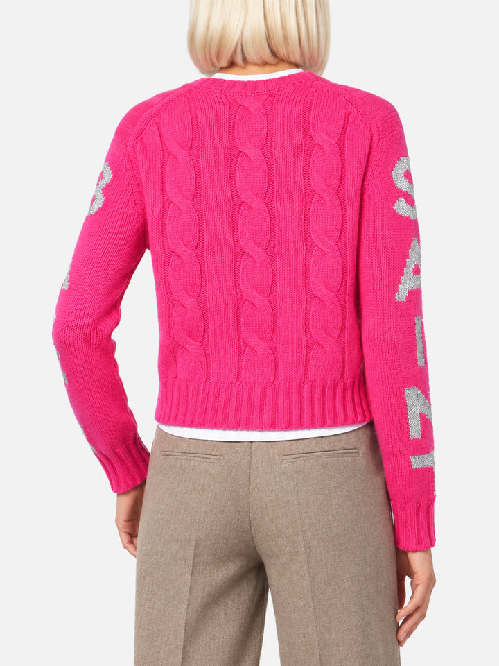 Pull tressé Malmo rose fluo avec jacquard en lurex 