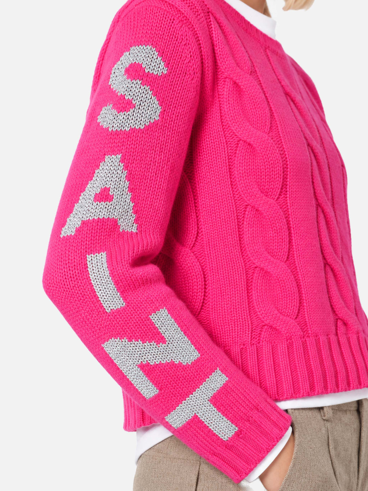 Pull tressé Malmo rose fluo avec jacquard en lurex 