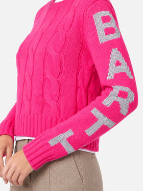 Pull tressé Malmo rose fluo avec jacquard en lurex 