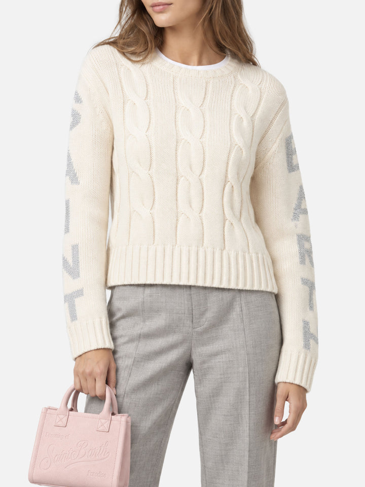 Weißer, geflochtener Rundhalspullover Malmo mit Lurex-Details 