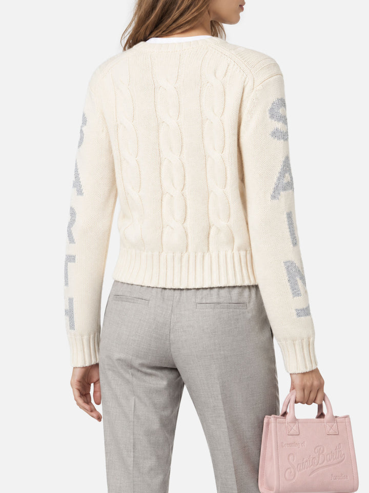 Weißer, geflochtener Rundhalspullover Malmo mit Lurex-Details 
