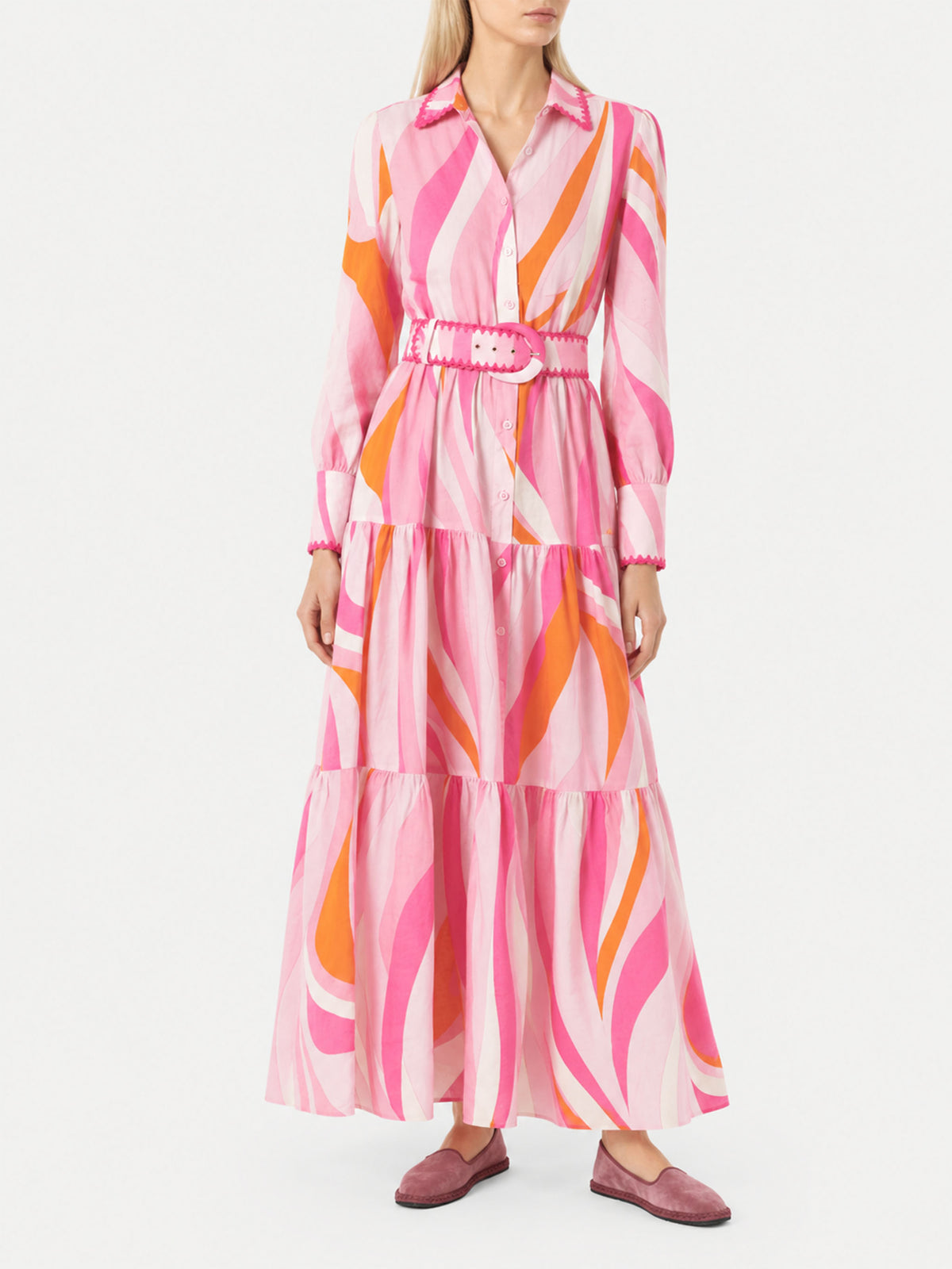 Multicolor Marbella ruffled long dress with wave print