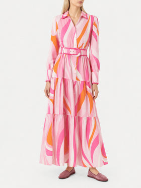 Multicolor Marbella ruffled long dress with wave print
