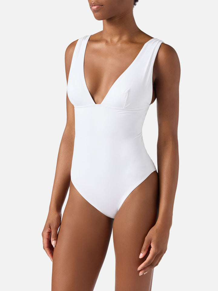 Mavi one-piece swimsuit with deep V neckline in solid white