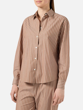 Meredith cotton shirt with brown stripes and Saint Barth embroidery