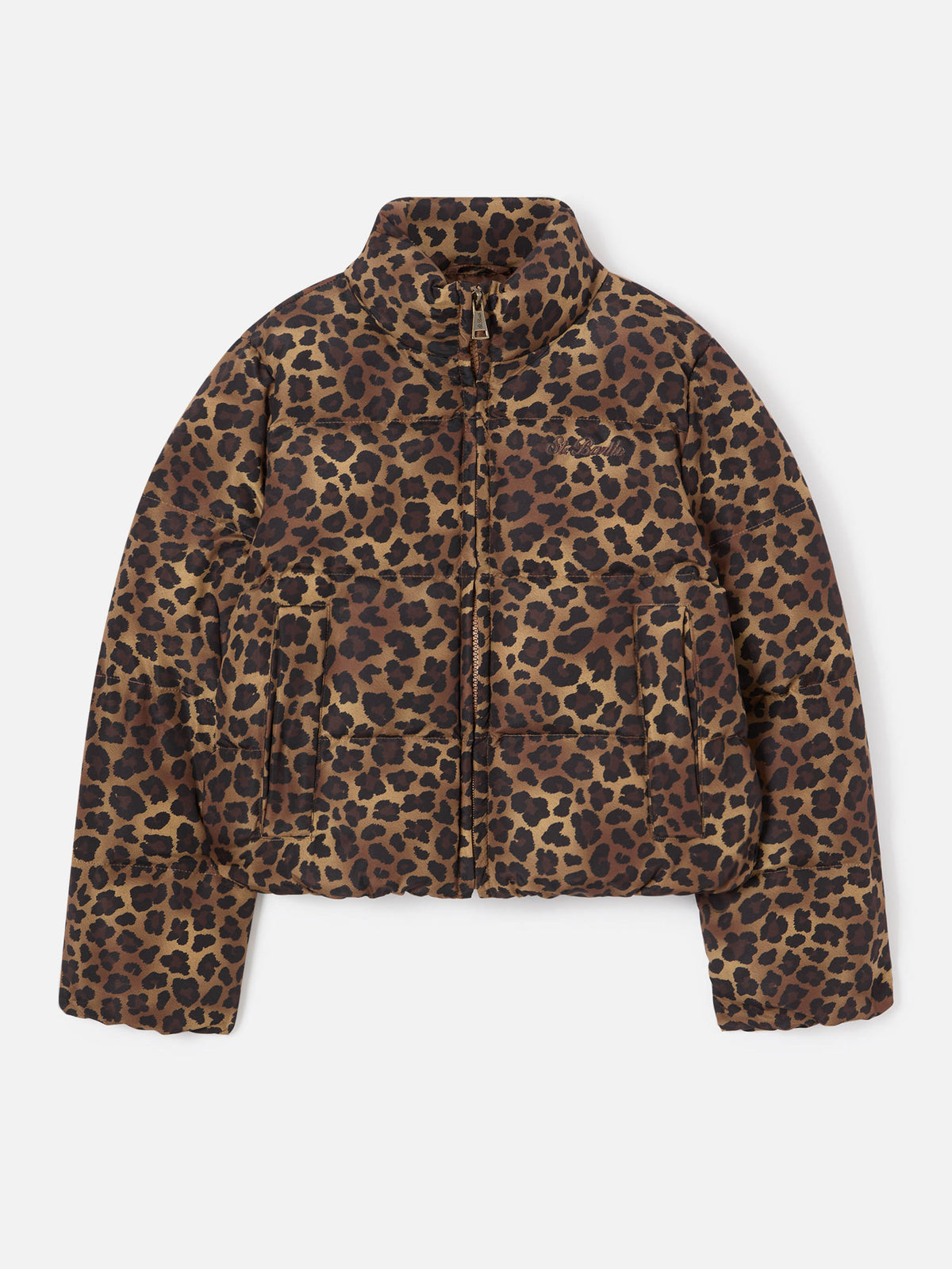 Brown Maddy teddy down jacket with leopard pattern
