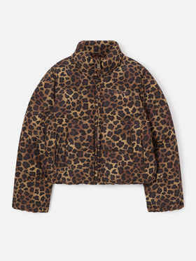 Brown Maddy teddy down jacket with leopard pattern
