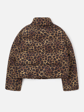 Brown Maddy teddy down jacket with leopard pattern