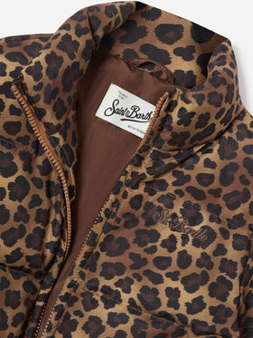 Brown Maddy teddy down jacket with leopard pattern