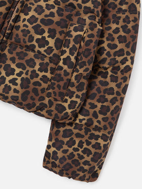Brown Maddy teddy down jacket with leopard pattern