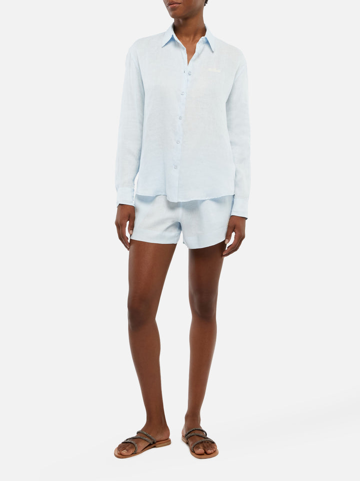 Meave – Hellblaue Pull-Up-Shorts aus Leinen