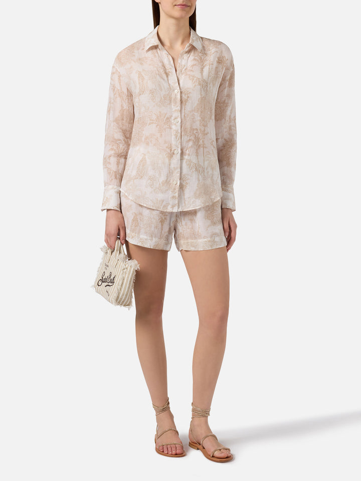 Meave ramie shorts with beige toile de Jouy print