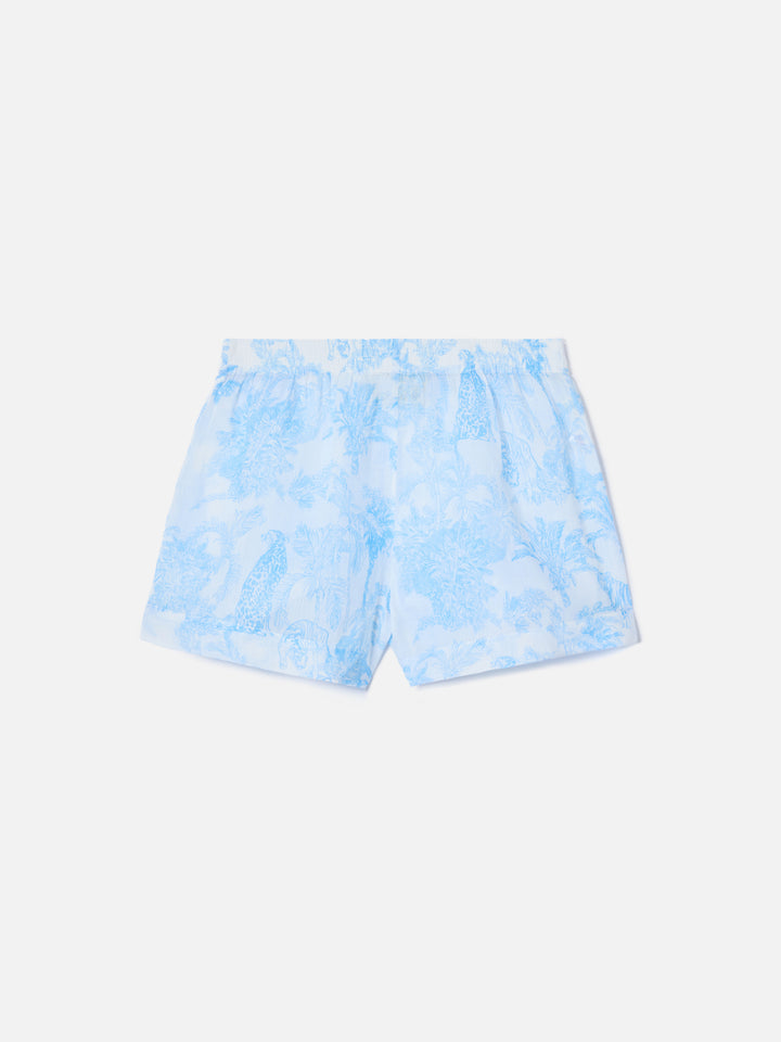 Meave ramie shorts with light blue toile de Jouy print