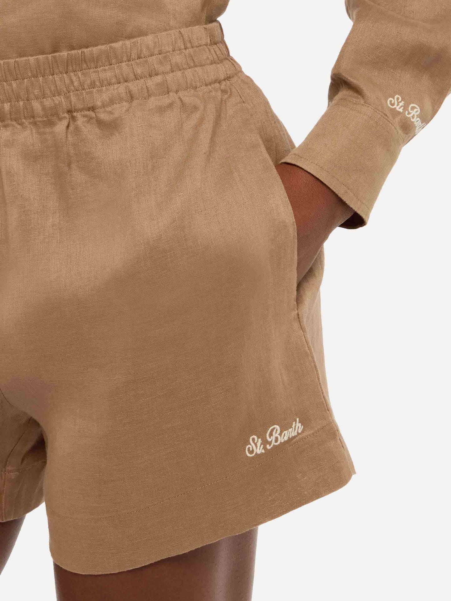 Meave shorts pull up in lino color marrone cammello