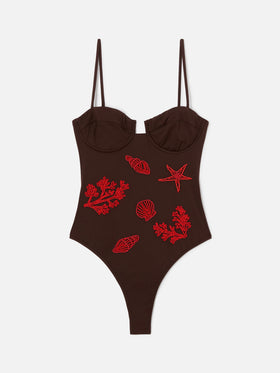 Maillot de bain une-pièce Medea marron avec décorations en perles sur le thème marin 