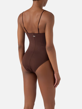 Maillot de bain une-pièce Medea marron avec décorations en perles sur le thème marin 