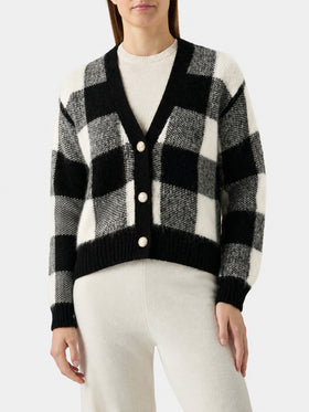 Cardigan court vichy noir et blanc Megeve avec boutons bijoux 