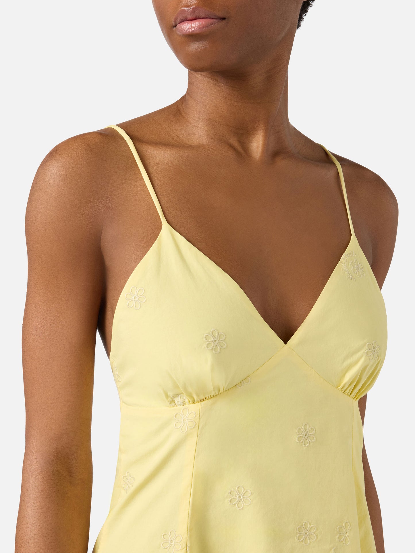 Abito corto Marge in cotone giallo con ricamo floreale