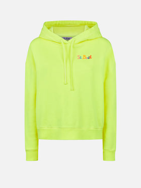 Fluogelber Kapuzenpullover mit St. Barth-Stickerei