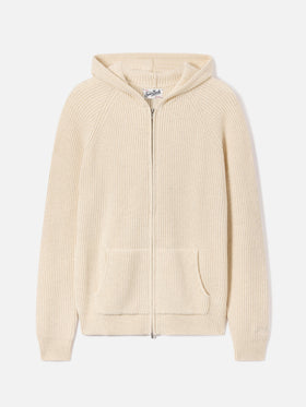 Maille à capuche Malcolm en laine beige avec zip intégral 