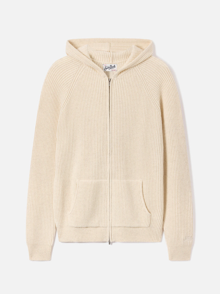 Maille à capuche Malcolm en laine beige avec zip intégral 